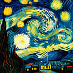 **AI Style Transfer Painting:** A photo transformed into the style of Van Gogh's "Starry Night" using AI, showcasing the swirling brushstrokes and vibrant colors.