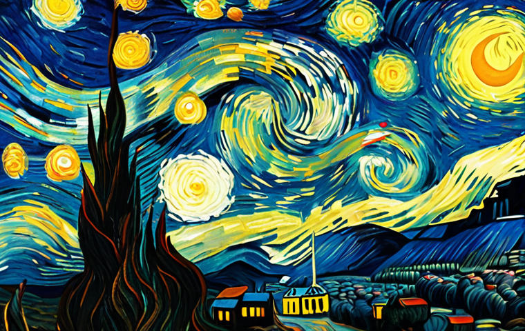 **AI Style Transfer Painting:** A photo transformed into the style of Van Gogh's "Starry Night" using AI, showcasing the swirling brushstrokes and vibrant colors.