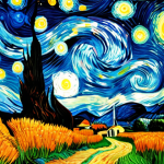 **Vibrant starry night sky in the style of Van Gogh.**