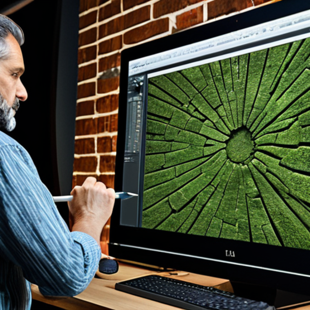 A professional digital artist, fully clothed in a modest professional outfit, is intensely focused on a large, illuminated monitor in a modern, organized digital design studio. The screen prominently displays a photorealistic, highly detailed, seamless texture of an old, dilapidated brick wall, complete with subtle moss, intricate cracks, and realistic weathered imperfections. The artist holds a stylus, hinting at interaction. The scene emphasizes innovation and efficiency. Perfect anatomy, correct proportions, natural pose, well-formed hands, proper finger count, natural body proportions, professional photography, high quality, safe for work, appropriate content, fully clothed, professional.