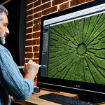 A professional digital artist, fully clothed in a modest professional outfit, is intensely focused on a large, illuminated monitor in a modern, organized digital design studio. The screen prominently displays a photorealistic, highly detailed, seamless texture of an old, dilapidated brick wall, complete with subtle moss, intricate cracks, and realistic weathered imperfections. The artist holds a stylus, hinting at interaction. The scene emphasizes innovation and efficiency. Perfect anatomy, correct proportions, natural pose, well-formed hands, proper finger count, natural body proportions, professional photography, high quality, safe for work, appropriate content, fully clothed, professional.