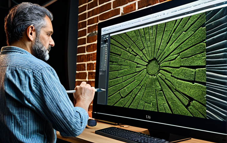 A professional digital artist, fully clothed in a modest professional outfit, is intensely focused on a large, illuminated monitor in a modern, organized digital design studio. The screen prominently displays a photorealistic, highly detailed, seamless texture of an old, dilapidated brick wall, complete with subtle moss, intricate cracks, and realistic weathered imperfections. The artist holds a stylus, hinting at interaction. The scene emphasizes innovation and efficiency. Perfect anatomy, correct proportions, natural pose, well-formed hands, proper finger count, natural body proportions, professional photography, high quality, safe for work, appropriate content, fully clothed, professional.