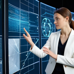 A female creative professional in a modest, contemporary blazer and slacks, thoughtfully interacting with a holographic interface displaying dynamic AI-generated video art concepts. She is in a clean, modern studio filled with natural light, surrounded by subtle digital screens showing abstract visual data. The scene emphasizes innovation and ease of creation, with a focus on human-AI collaboration. fully clothed, appropriate attire, safe for work, perfect anatomy, correct proportions, natural pose, well-formed hands, proper finger count, natural body proportions, professional photography, high resolution, detailed, professional.