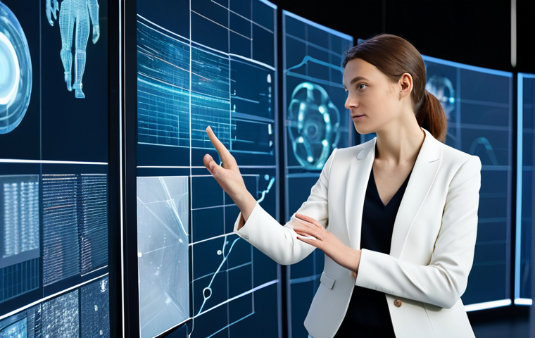A female creative professional in a modest, contemporary blazer and slacks, thoughtfully interacting with a holographic interface displaying dynamic AI-generated video art concepts. She is in a clean, modern studio filled with natural light, surrounded by subtle digital screens showing abstract visual data. The scene emphasizes innovation and ease of creation, with a focus on human-AI collaboration. fully clothed, appropriate attire, safe for work, perfect anatomy, correct proportions, natural pose, well-formed hands, proper finger count, natural body proportions, professional photography, high resolution, detailed, professional.