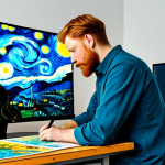 AI 예술과 예술적 시뮬레이션 - A professional artist using AI painting software on a computer, creating a digital artwork in the st...