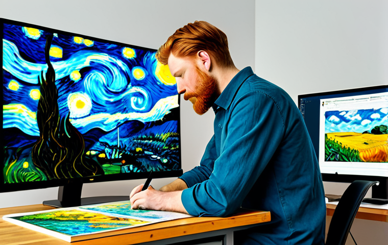 AI 예술과 예술적 시뮬레이션 - A professional artist using AI painting software on a computer, creating a digital artwork in the st...
