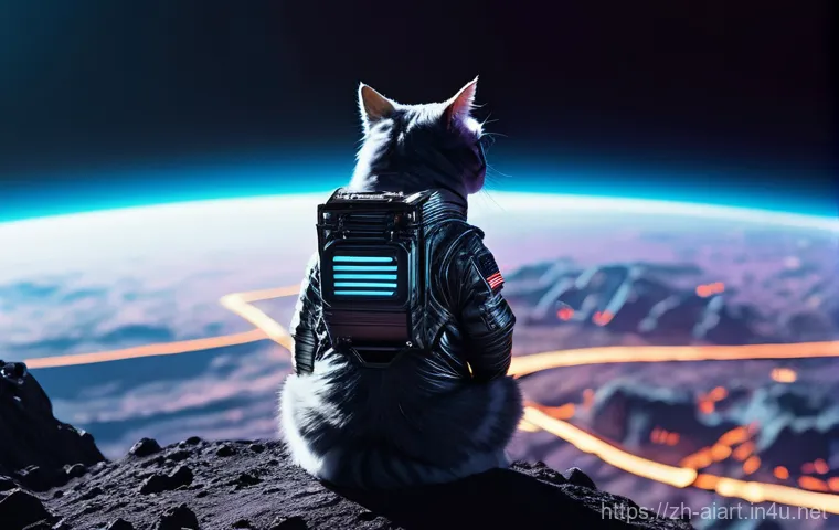 AI 예술과 영화 포스트 프로덕션 - **A Cyberpunk Cat Astronaut on the Moon:** A majestic, fluffy cat, wearing a meticulously designed, ...