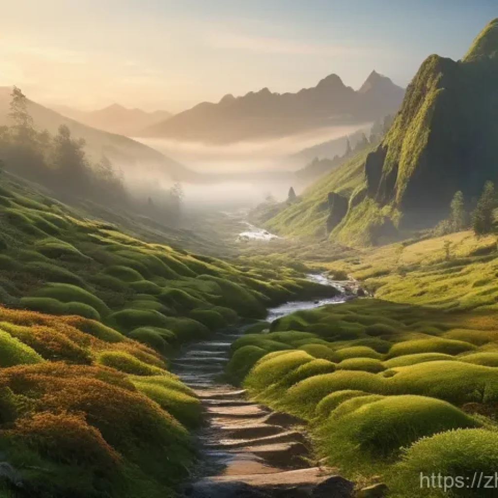 AI 예술과 AI 기반 풍경화 - **Prompt:** A serene and majestic mountain valley at dawn, bathed in soft, golden sunlight breaking ...
