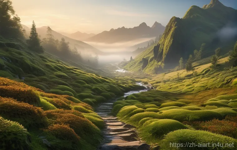 AI 예술과 AI 기반 풍경화 - **Prompt:** A serene and majestic mountain valley at dawn, bathed in soft, golden sunlight breaking ...