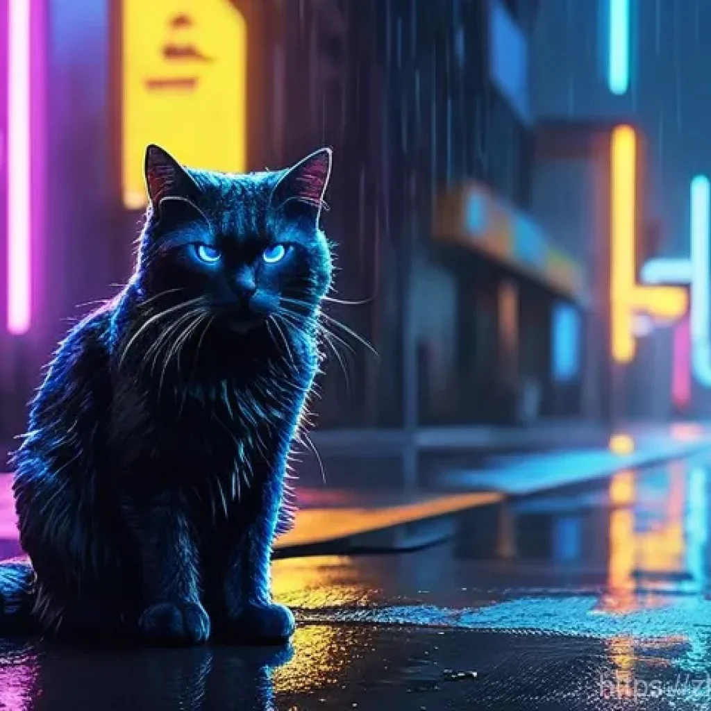 AI 예술과 증강현실 - **Prompt 1: Cyberpunk Cat in the Rain**
    "A sleek, athletic cyberpunk cat with luminous electric ...
