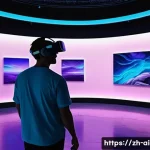 AI 아트 갤러리 - A futuristic digital art gallery scene featuring diverse visitors interacting with AI-driven virtual...