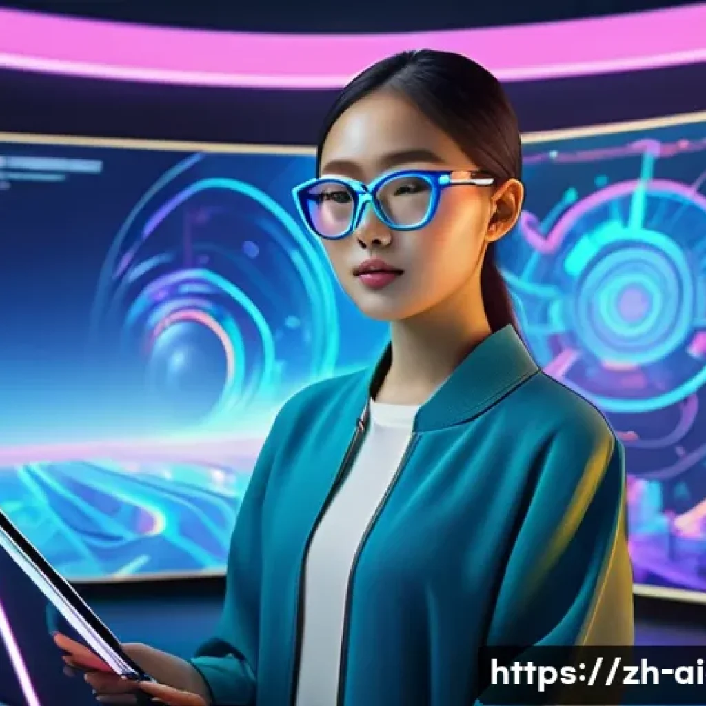 AI 예술과 감각 예술 - A futuristic digital art studio scene showcasing a young Asian female artist wearing casual modern c...