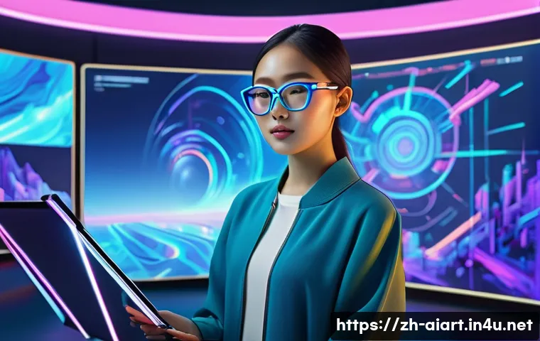 AI 예술과 감각 예술 - A futuristic digital art studio scene showcasing a young Asian female artist wearing casual modern c...