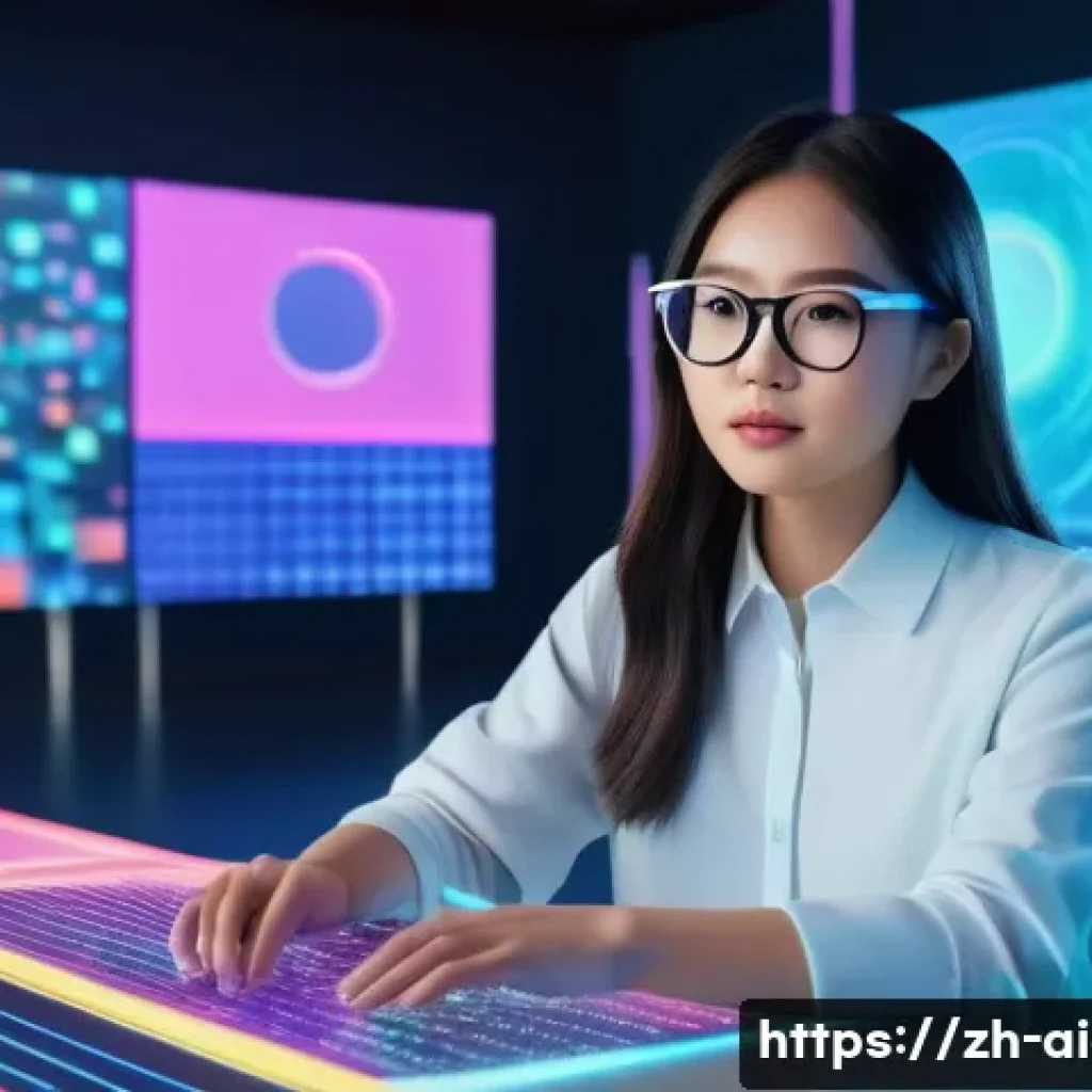 AI 예술과 AI 기반 배경 생성 - A futuristic digital art studio scene showing an Asian female artist in casual clothes and wearing g...