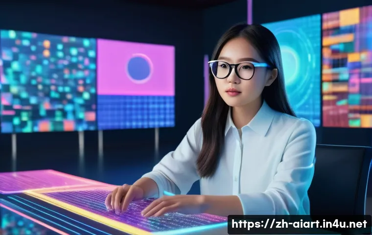 AI 예술과 AI 기반 배경 생성 - A futuristic digital art studio scene showing an Asian female artist in casual clothes and wearing g...