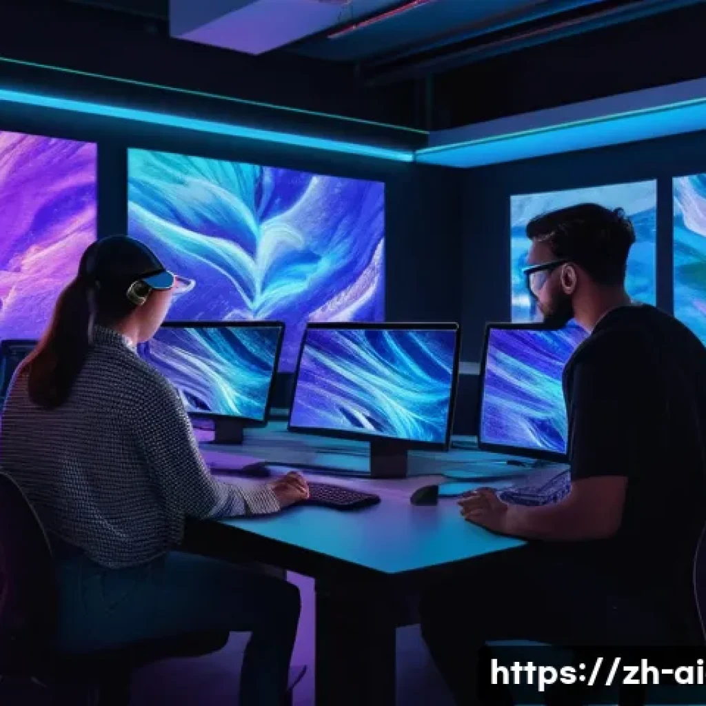 AI 예술과 데이터 기반 아트 - A futuristic digital art studio scene featuring a diverse group of artists and technologists collabo...