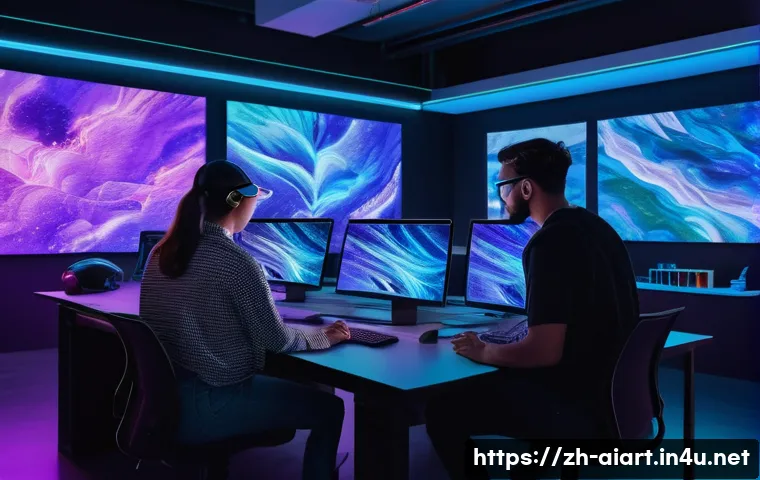 AI 예술과 데이터 기반 아트 - A futuristic digital art studio scene featuring a diverse group of artists and technologists collabo...
