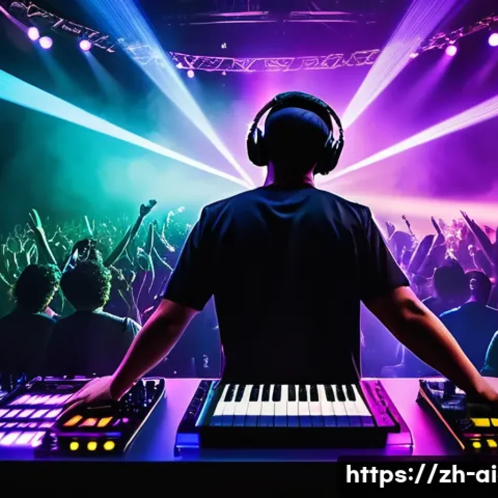 AI 예술과 음악 시각화 - A vibrant live concert scene showcasing an electronic music performance with dynamic, colorful spect...