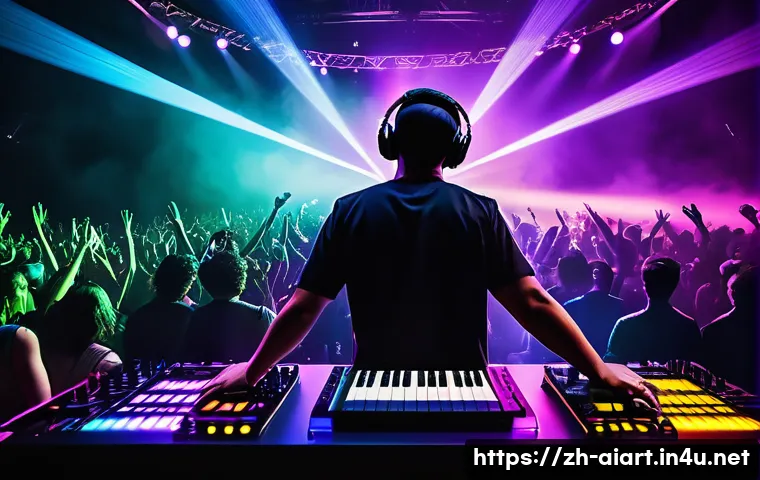 AI 예술과 음악 시각화 - A vibrant live concert scene showcasing an electronic music performance with dynamic, colorful spect...