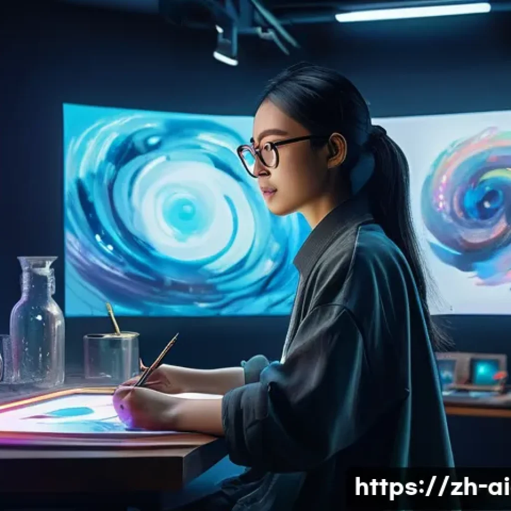 AI 예술과 인공지능 시 - A futuristic digital artist's studio with a large holographic canvas displaying an AI-generated pain...