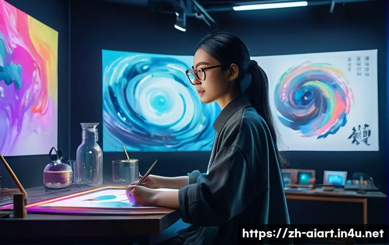 AI 예술과 인공지능 시 - A futuristic digital artist's studio with a large holographic canvas displaying an AI-generated pain...