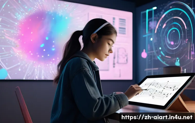 AI 예술과 감성 분석 - A modern digital artist&rsquo;s studio scene featuring a young adult woman in stylish casual clothing, wor...