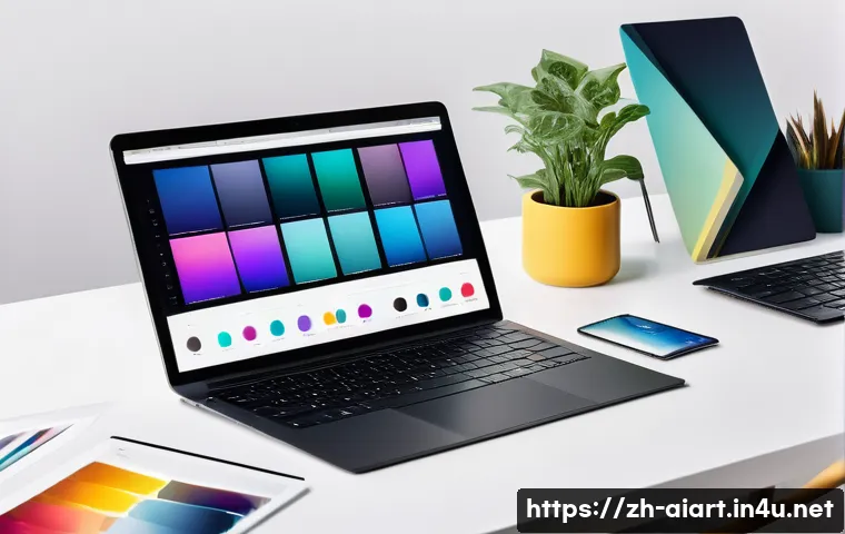 AI 예술과 색감 분석 - A sleek modern branding studio environment showcasing a designer working on a vibrant brand visual i...
