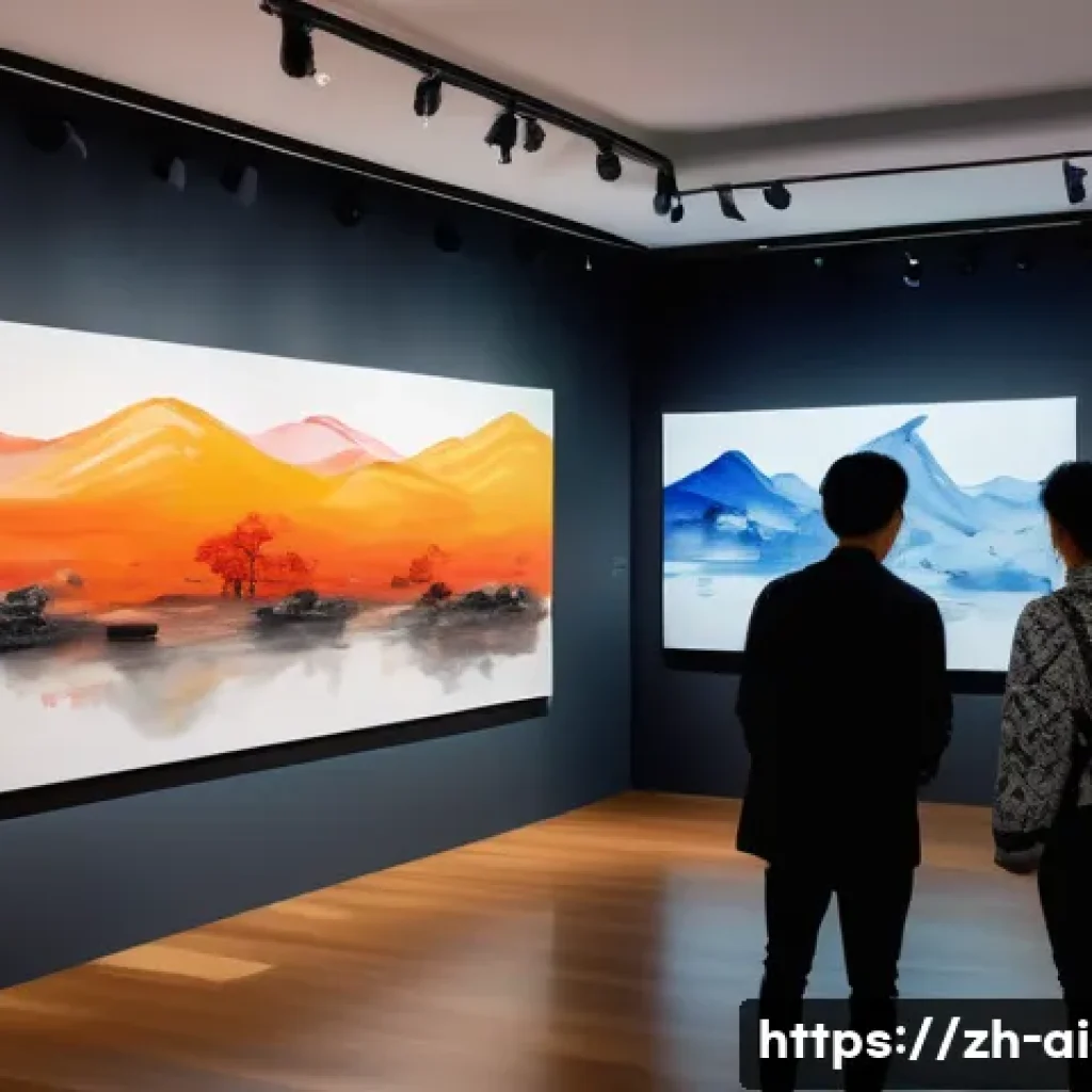 AI 예술과 예측 분석 - A futuristic digital art gallery interior showcasing AI-generated visual artworks blending tradition...