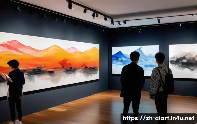 AI 예술과 예측 분석 - A futuristic digital art gallery interior showcasing AI-generated visual artworks blending tradition...