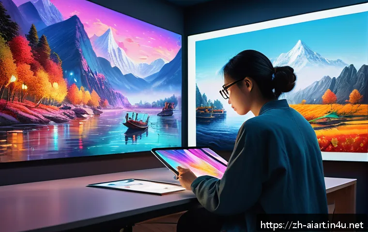 AI 예술과 신경망 아트 - A futuristic digital art studio featuring an artist collaborating with an AI assistant on a large to...