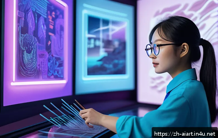 AI 예술 윤리 문제 - A futuristic digital artist studio scene showing a young Chinese female artist collaborating with an...