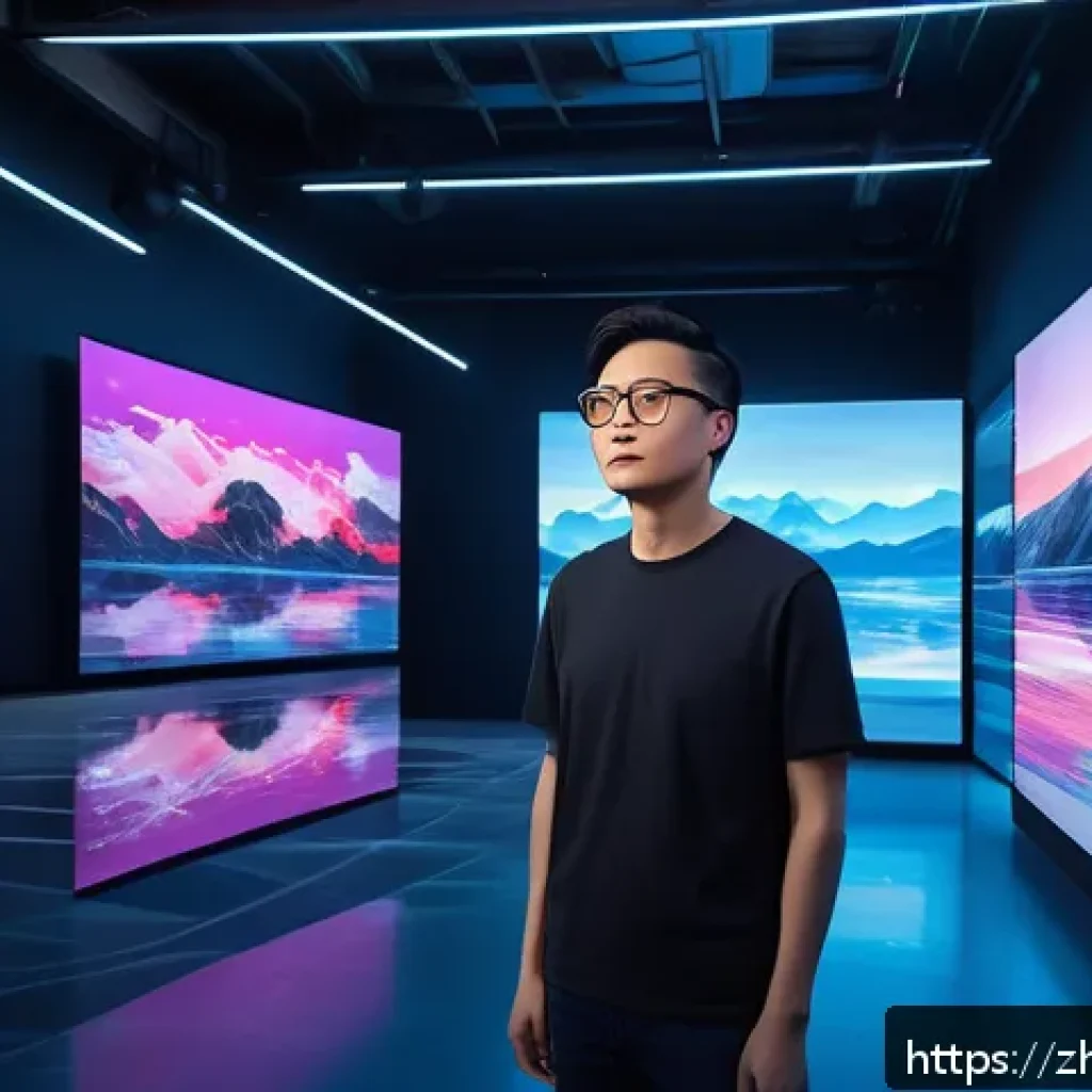 AI 예술과 가상현실 - A futuristic digital artist in a sleek studio wearing casual modern clothes and stylish glasses, sur...