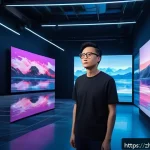 AI 예술과 가상현실 - A futuristic digital artist in a sleek studio wearing casual modern clothes and stylish glasses, sur...
