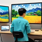 AI 스타일 트랜스퍼 - A dynamic digital painting scene showcasing an artist&rsquo;s workspace filled with modern AI tools and mu...