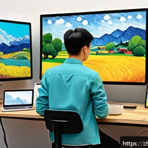 AI 스타일 트랜스퍼 - A dynamic digital painting scene showcasing an artist&rsquo;s workspace filled with modern AI tools and mu...
