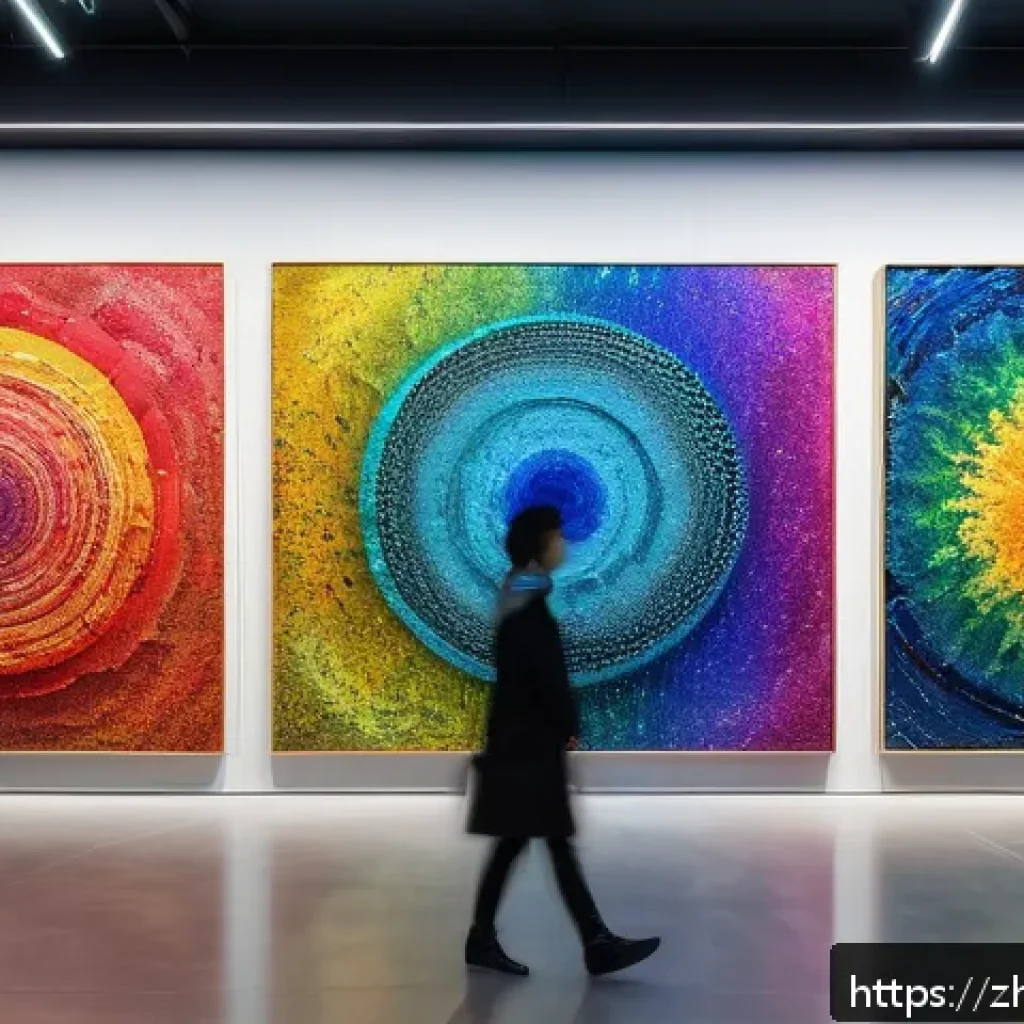 AI 예술과 인터랙션 디자인 - A futuristic digital art gallery featuring AI-generated abstract paintings created by GANs, showcasi...