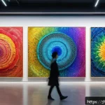 AI 예술과 인터랙션 디자인 - A futuristic digital art gallery featuring AI-generated abstract paintings created by GANs, showcasi...