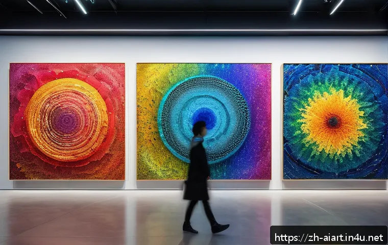 AI 예술과 인터랙션 디자인 - A futuristic digital art gallery featuring AI-generated abstract paintings created by GANs, showcasi...