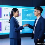 AI 예술과 브랜드 아이덴티티 - A futuristic digital marketing scene showcasing a diverse team of designers and marketers collaborat...