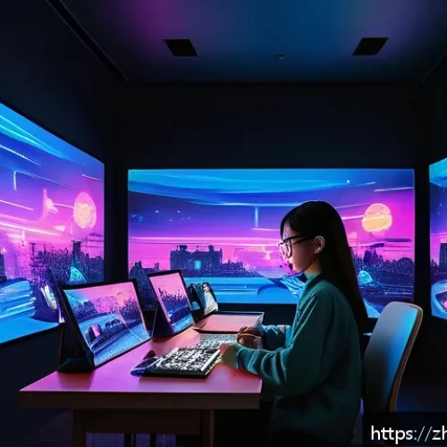 AI 예술과 디지털 페인팅 - A futuristic digital artist&rsquo;s studio featuring a young female artist wearing stylish casual clothes ...