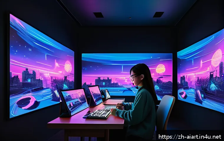 AI 예술과 디지털 페인팅 - A futuristic digital artist&rsquo;s studio featuring a young female artist wearing stylish casual clothes ...