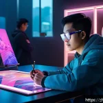 AI 예술과 포토리얼리즘 - A futuristic digital painting studio scene featuring a young artist wearing modern casual clothes an...