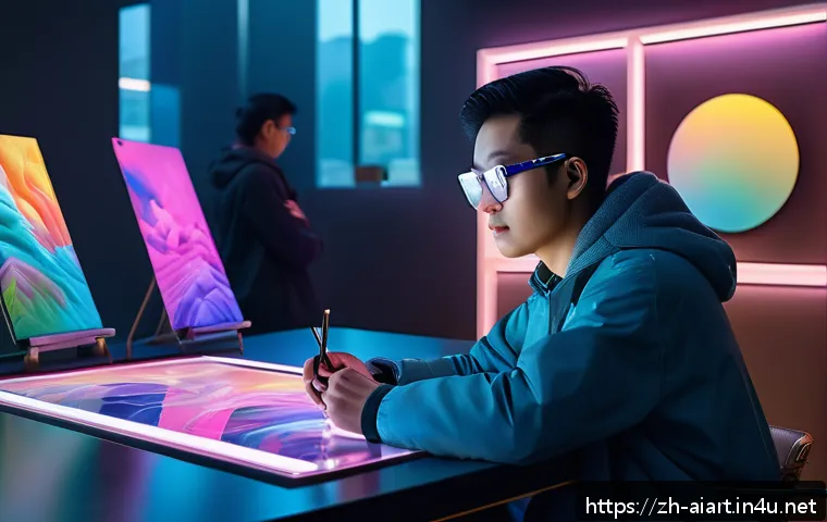 AI 예술과 포토리얼리즘 - A futuristic digital painting studio scene featuring a young artist wearing modern casual clothes an...