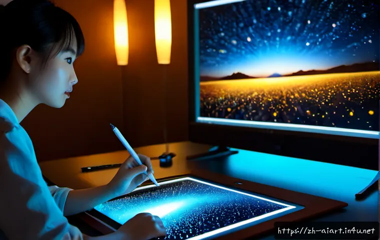 AI 예술과 시뮬레이션 아트 - Photorealistic contemporary digital art studio, focused artist viewing a large monitor displaying a ...