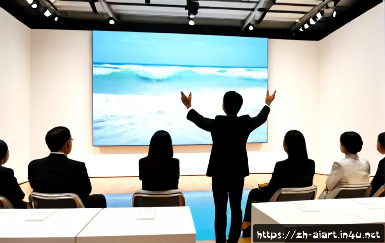 AI 아트 경매 - Photorealistic contemporary art auction gallery, a luminous AI-generated abstract artwork displayed ...