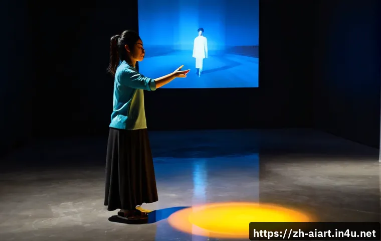 AI 예술과 인터랙티브 퍼포먼스 - Photorealistic contemporary interactive art performance in a dark gallery, a diverse female digital ...