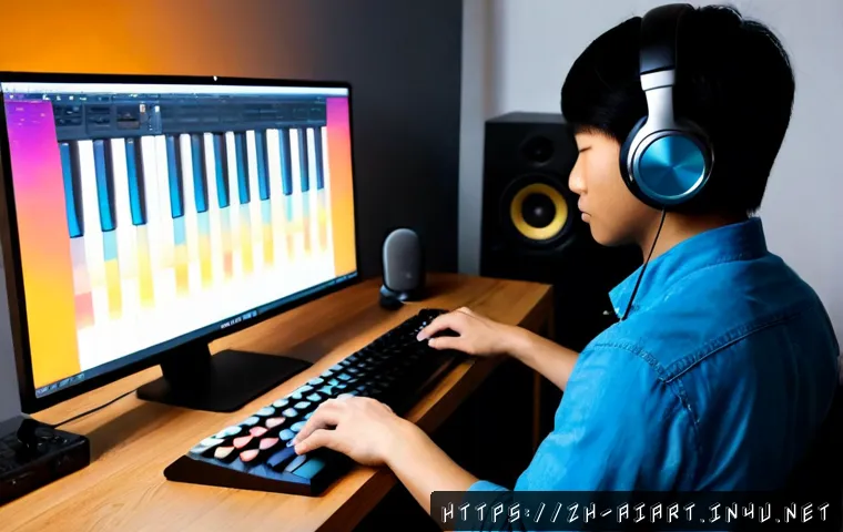AI 작곡 기술 - Photorealistic modern music producer in a clean home studio, thoughtfully adjusting a MIDI keyboard ...