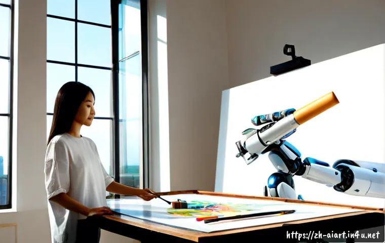 AI 예술의 미래 - Photorealistic contemporary art studio showing a human painter and a sleek robotic arm collaborative...