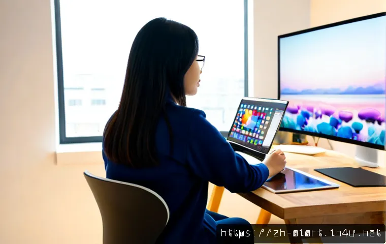AI 예술과 디자인 자동화 - Photorealistic modern design studio, a creative professional seated at a clean desk watching an AI-a...
